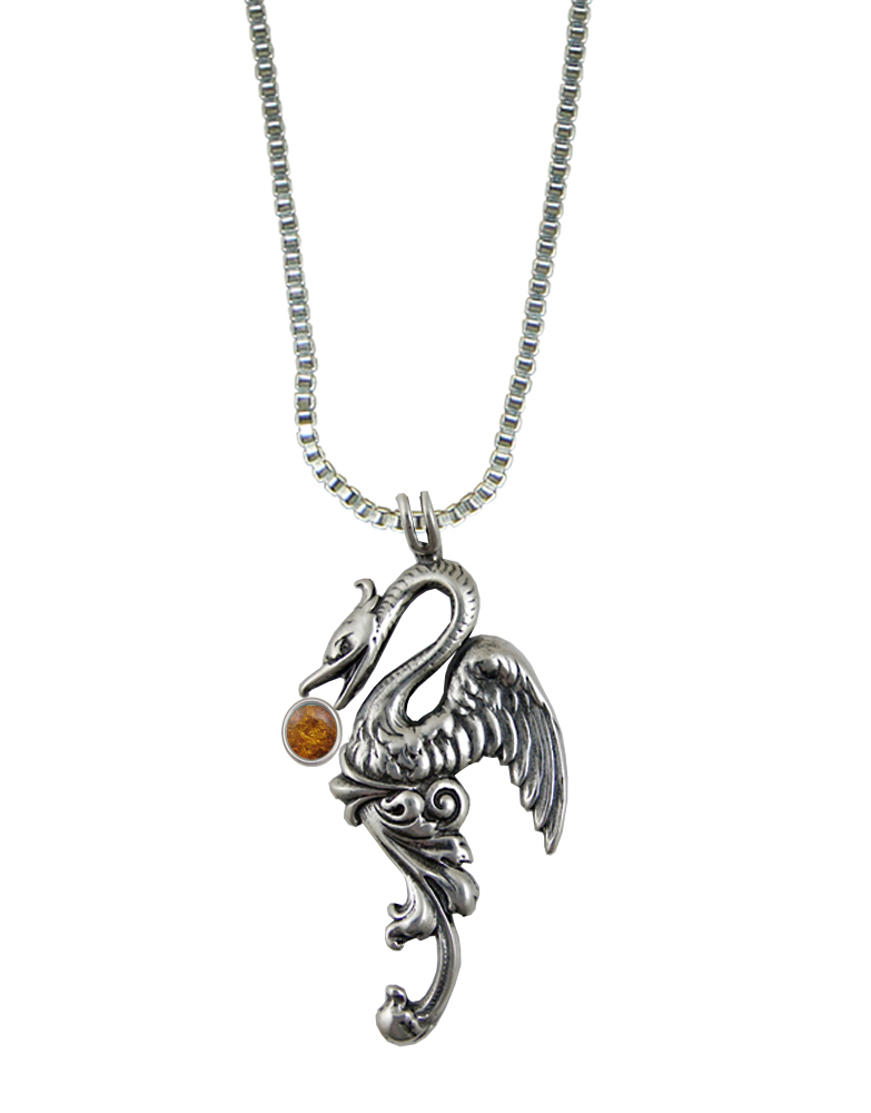 Sterling Silver Medieval Phoenix Sun Bird Pendant With Amber